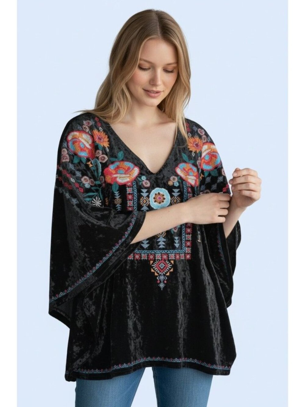 John Mark Blouse Womens S/M Black Velvet Embroidered Floral Boho Kimono Top - Picture 1 of 11